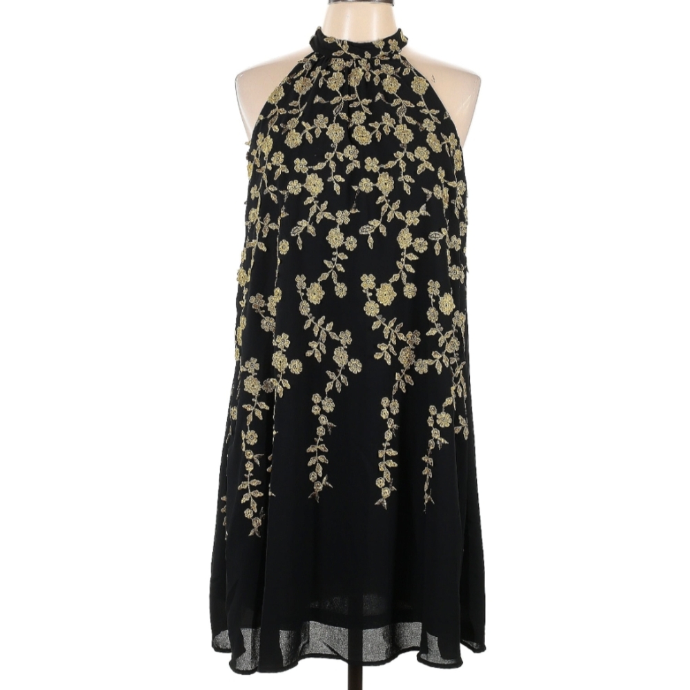 Black & Gold Floral Brocade Embroidered Halter A-line swing short Dress, size 8